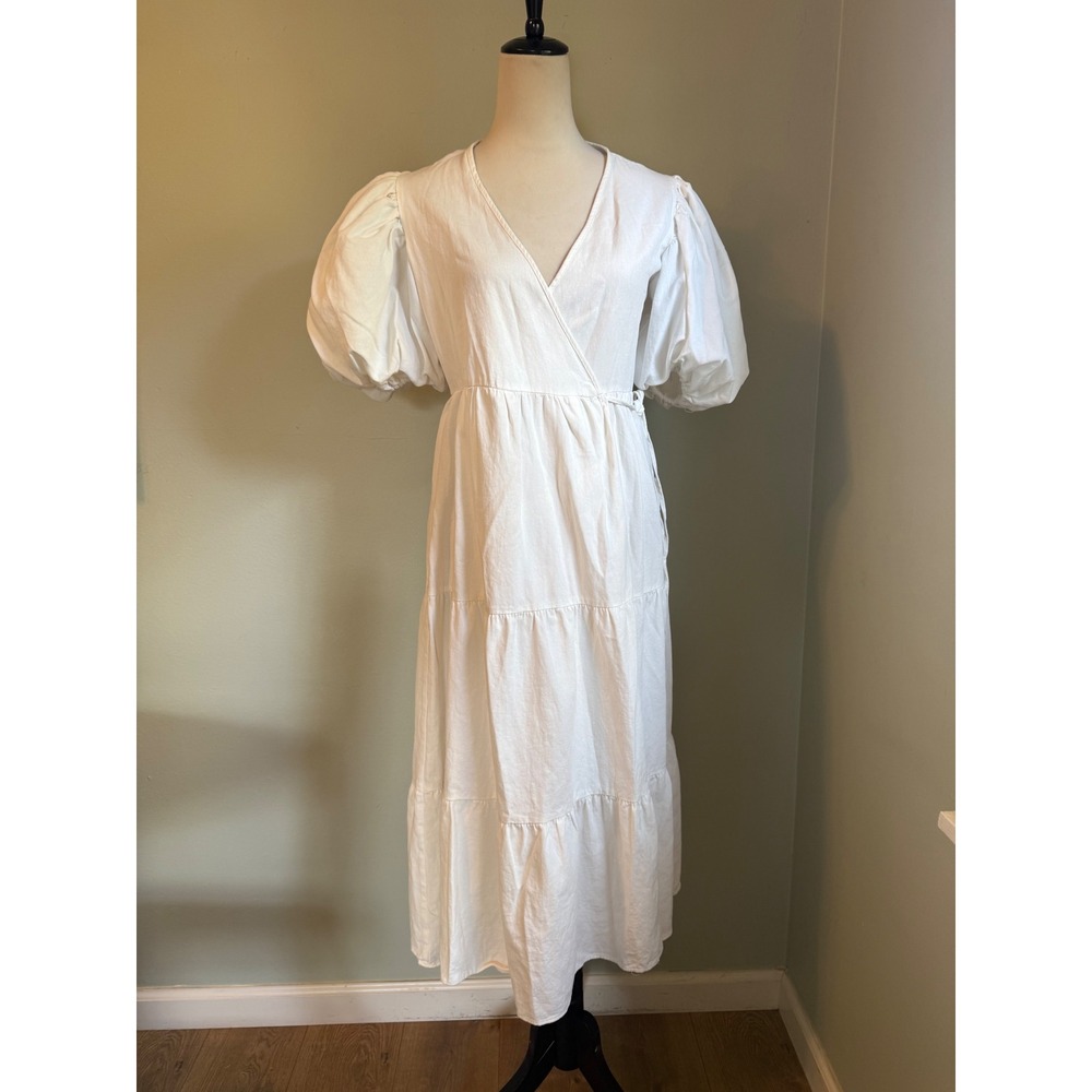 Nasty Gal White Wrap Dress Puff Sleeve Tiered Midi boho resort dainty whimsi y 6